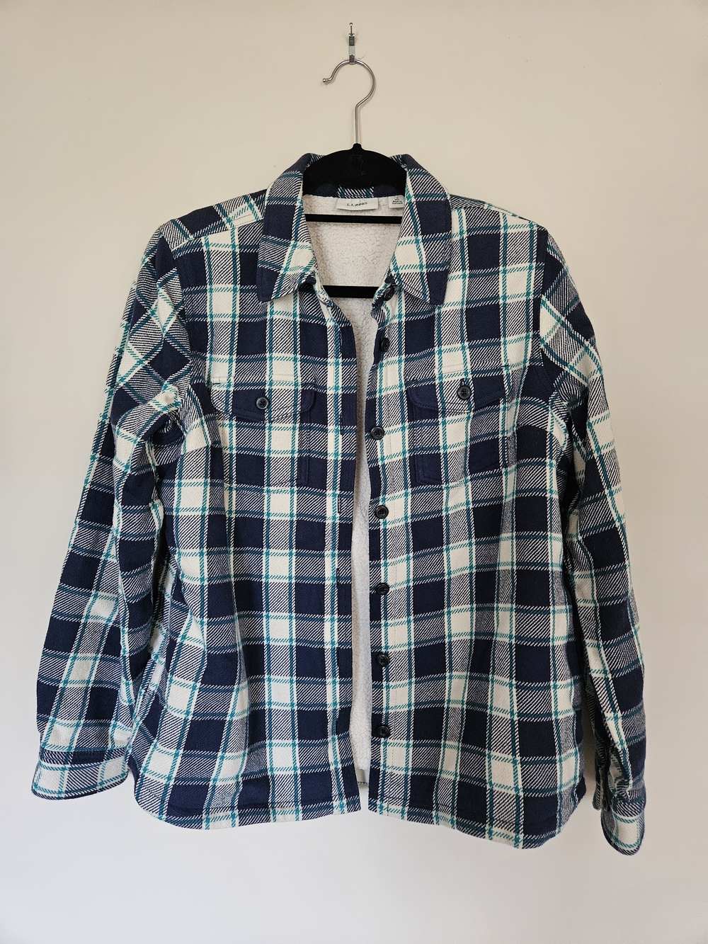 L.L. Bean Blue & White Plaid Sherpa-Lined Shirt Jacket